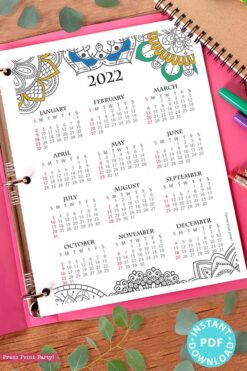 2022 Yearly Calendar Template Printable, Mandala Coloring, Bullet Journal Printable Calendar Insert, One Page Calendar, INSTANT DOWNLOAD press print party
