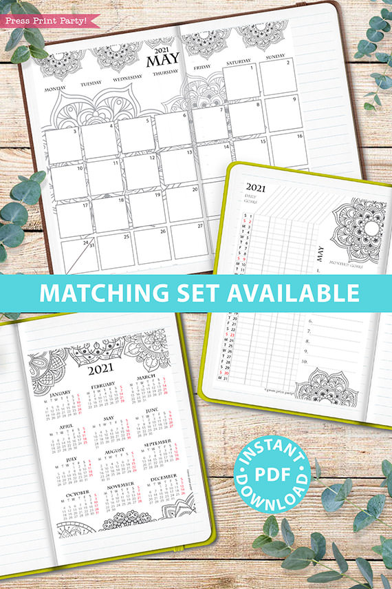 MONDAY Start, 2021 Calendar Template Printable Set, Mandala, Bullet Journal, Monthly Planner, Daily Routine, Coloring, INSTANT DOWNLOAD