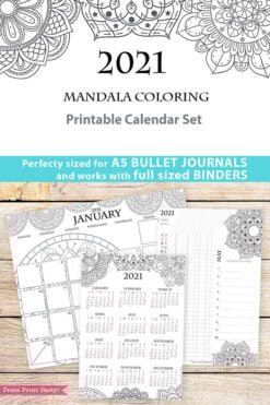 2021 Calendar Template Printable Set, Mandala, Bullet Journal, Monthly Planner, Daily Routine, Coloring, INSTANT DOWNLOAD