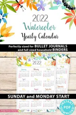 2022 Yearly Calendar Template Printable, Watercolor Designs, Bullet Journal Printable Calendar Insert, One Page Calendar, INSTANT DOWNLOAD Press print Party