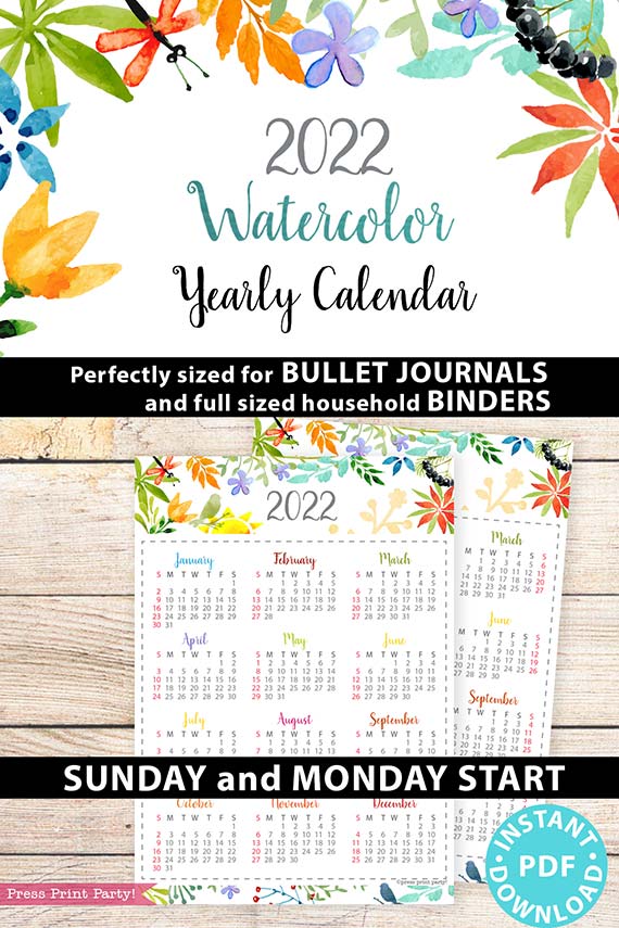 2022 yearly calendar printable watercolor press print party