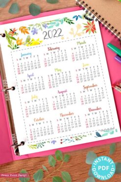 2022 Yearly Calendar Template Printable, Watercolor Designs, Bullet Journal Printable Calendar Insert, One Page Calendar, INSTANT DOWNLOAD Press print Party