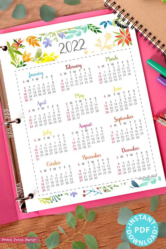 2022 Printable Calendar Set, Watercolor [for bullet journals or binders]