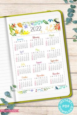 2022 Yearly Calendar Template Printable, Watercolor Designs, Bullet Journal Printable Calendar Insert, One Page Calendar, INSTANT DOWNLOAD Press print Party