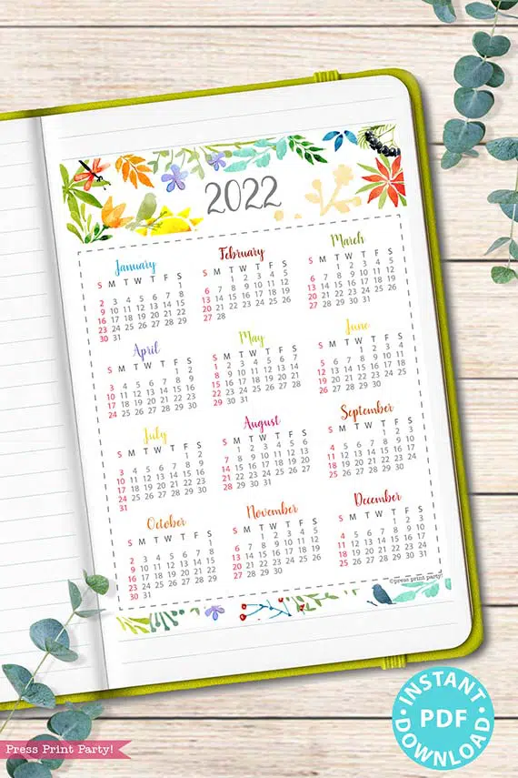 2022 Yearly Calendar Printable, Watercolor - Press Print Party!