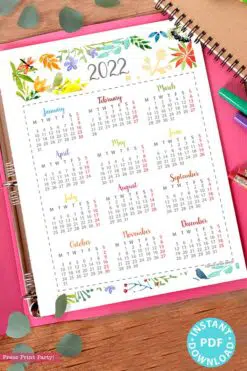 2022 Yearly Calendar Template Printable, Watercolor Designs, Bullet Journal Printable Calendar Insert, One Page Calendar, INSTANT DOWNLOAD Press print Party