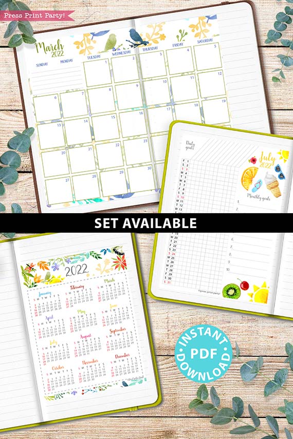 Monthly calendar set available for bullet journals or binders. press print party!