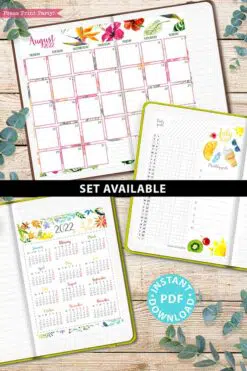 MONDAY Start 2022 Printable Calendar Template Set, Watercolor design, Bullet Journal Printable, Monthly and Daily Routine, INSTANT DOWNLOAD press print party