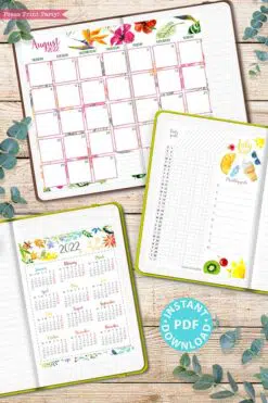 MONDAY Start 2022 Printable Calendar Template Set, Watercolor design, Bullet Journal Printable, Monthly and Daily Routine, INSTANT DOWNLOAD press print party