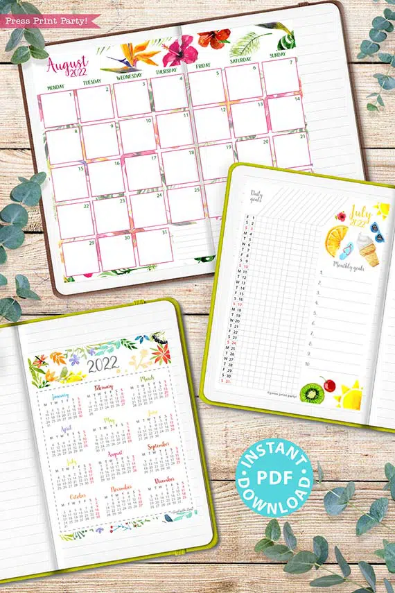 MONDAY Start 2022 Printable Calendar Set, Watercolor - Press Print Party