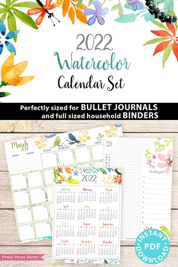 2022 Printable Calendar Template Set, Watercolor design, Bullet Journal Inserts, Monthly Calendar, Daily Routine Tracker, INSTANT DOWNLOAD Press Print Party
