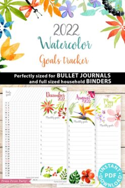 2021-2022 Goal Planner Templates, Daily Routine, Habit Tracker Printable, Watercolor Designs, Bullet Journal Daily Tracker INSTANT DOWNLOAD press print party