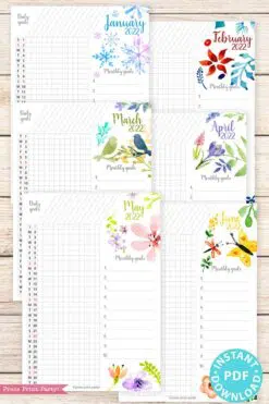 2021-2022 Goal Planner Templates, Daily Routine, Habit Tracker Printable, Watercolor Designs, Bullet Journal Daily Tracker INSTANT DOWNLOAD press print party