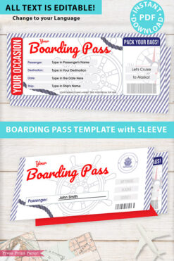 Cruise Boarding Pass Template pdf w. Holder Editable Text Printable, Vacation Surprise Cruise Gift Voucher Ticket, Red & Blue, INSTANT DOWNLOAD