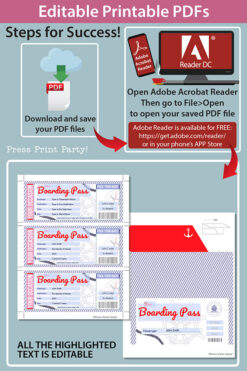 Cruise Boarding Pass Template pdf w. Holder Editable Text Printable, Vacation Surprise Cruise Gift Voucher Ticket, Red & Blue, INSTANT DOWNLOAD