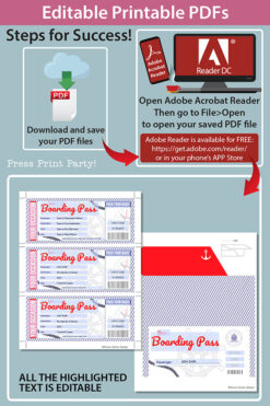 Cruise Boarding Pass Template pdf w. Holder Editable Text Printable, Vacation Surprise Cruise Gift Voucher Ticket, Red & Blue, INSTANT DOWNLOAD