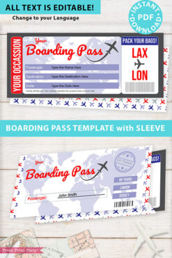 Boarding Pass Template pdf w. Holder Editable Text Printable, Vacation Surprise Trip Gift Voucher Airline Ticket, Red Blue, INSTANT DOWNLOAD