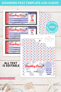 Boarding Pass Template pdf w. Holder Editable Text Printable, Vacation Surprise Trip Gift Voucher Airline Ticket, Red Blue, INSTANT DOWNLOAD