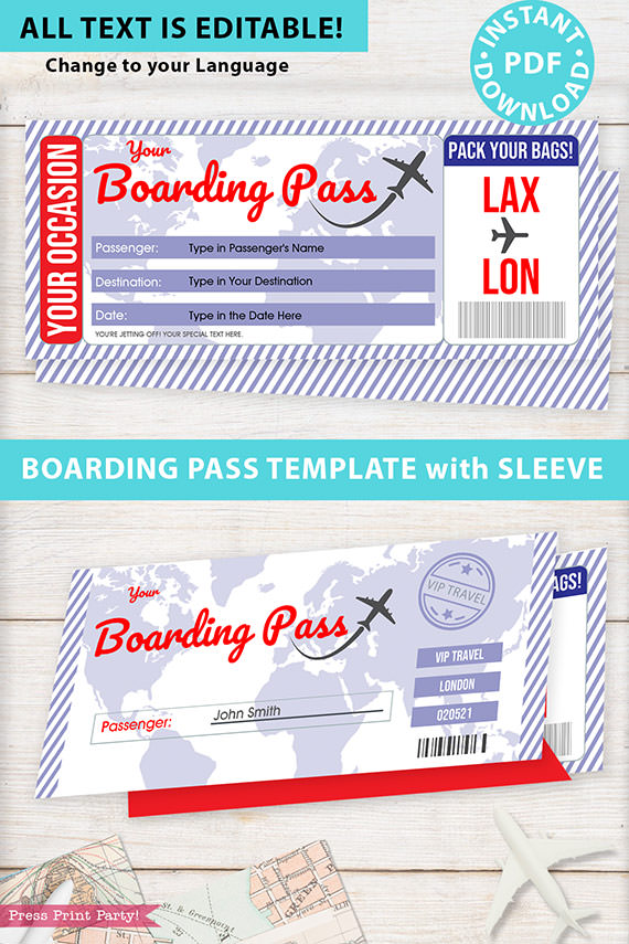 Boarding Pass Template pdf w. Holder Editable Text Printable, Vacation Surprise Trip Gift Voucher Airline Ticket, Blue Red, INSTANT DOWNLOAD