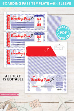 Boarding Pass Template pdf w. Holder Editable Text Printable, Vacation Surprise Trip Gift Voucher Airline Ticket, Blue Red, INSTANT DOWNLOAD