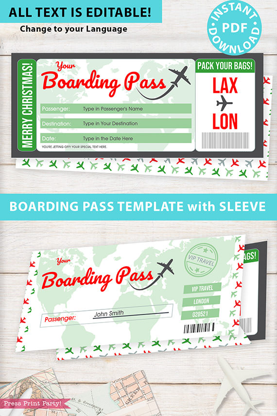Boarding Pass Template pdf w. Holder Editable Text Printable, Christmas Gift Surprise Trip Voucher Airline Ticket, Green Red, INSTANT DOWNLOAD