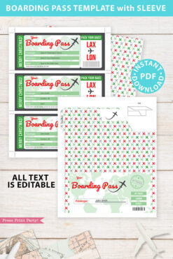 Boarding Pass Template pdf w. Holder Editable Text Printable, Christmas Gift Surprise Trip Voucher Airline Ticket, Green Red, INSTANT DOWNLOAD