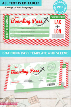 Boarding Pass Template pdf w. Holder Editable Text Printable, Christmas Gift Surprise Trip Voucher Airline Ticket, Green Red, INSTANT DOWNLOAD