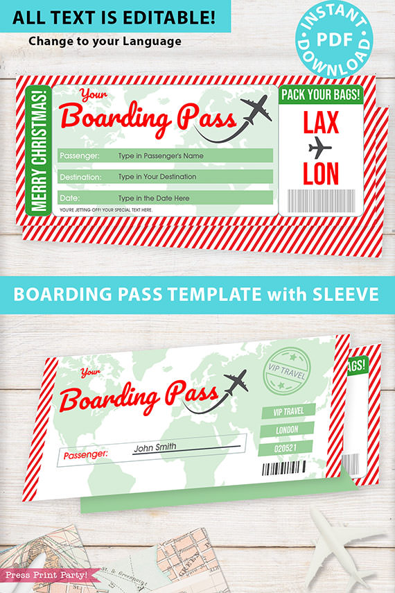 Christmas Boarding Pass Template w. Holder, Stripes Press Print Party!