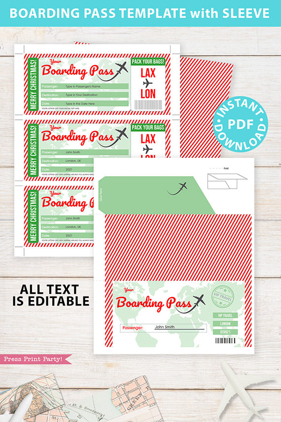 Boarding Pass Template pdf w. Holder Editable Text Printable, Christmas Gift Surprise Trip Voucher Airline Ticket, Green Red, INSTANT DOWNLOAD