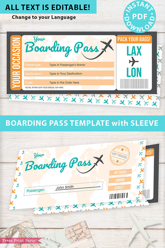 Boarding Pass Template pdf w. Holder Editable Text Printable, Vacation Surprise Trip Gift Voucher Flight Airline Ticket, Gold, INSTANT DOWNLOAD