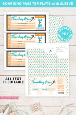 Boarding Pass Template pdf w. Holder Editable Text Printable, Vacation Surprise Trip Gift Voucher Flight Airline Ticket, Gold, INSTANT DOWNLOAD