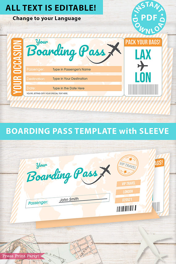 Boarding Pass Template pdf w. Holder Editable Text Printable, Vacation Surprise Trip, Gift Voucher Flight Airline Ticket, Gold, INSTANT DOWNLOAD