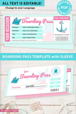 Cruise Boarding Pass Template pdf w. Holder Editable Text Printable, Vacation Surprise Cruise Gift Voucher Ticket, Pink, INSTANT DOWNLOAD