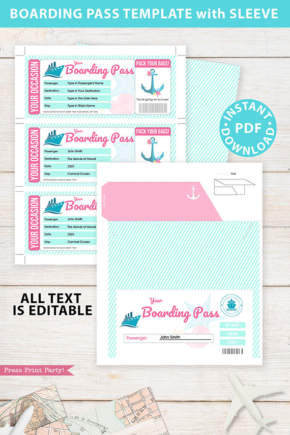Cruise Boarding Pass Template pdf w. Holder Editable Text Printable, Vacation Surprise Cruise Gift Voucher Ticket, Pink, INSTANT DOWNLOAD
