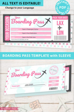 Boarding Pass Template pdf w. Holder Editable Text Printable, Vacation Surprise Trip Gift Voucher Flight Airline Ticket, Blue, INSTANT DOWNLOAD