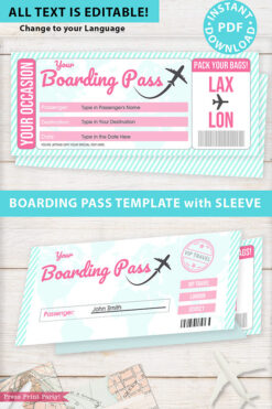 Boarding Pass Template w. Holder Editable Text Printable, Vacation Surprise Trip Gift Voucher Flight Airline Ticket, Pink, INSTANT DOWNLOAD