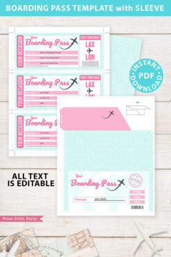 Boarding Pass Template w. Holder Editable Text Printable, Vacation Surprise Trip Gift Voucher Flight Airline Ticket, Pink, INSTANT DOWNLOAD