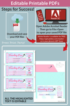 Boarding Pass Template w. Holder Editable Text Printable, Vacation Surprise Trip Gift Voucher Flight Airline Ticket, Pink, INSTANT DOWNLOAD