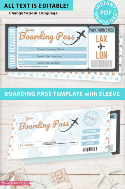 Boarding Pass Template w. Holder Editable Text Printable, Vacation Surprise Trip Gift Voucher Flight Airline Ticket, Blue, INSTANT DOWNLOAD