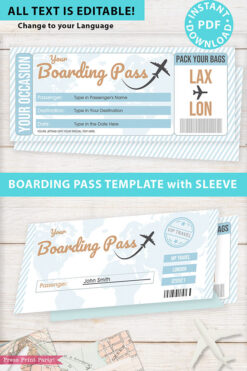 Boarding Pass Template pdf w. Holder Editable Text Printable, Vacation Surprise Trip Gift Voucher Flight Airline Ticket, Blue, INSTANT DOWNLOAD