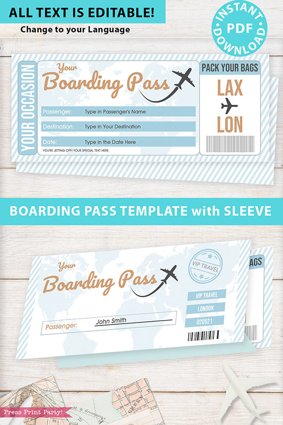 Boarding Pass w. Holder, Blue Stripes - Press Print Party!