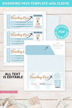 Boarding Pass Template pdf w. Holder Editable Text Printable, Vacation Surprise Trip Gift Voucher Flight Airline Ticket, Blue, INSTANT DOWNLOAD