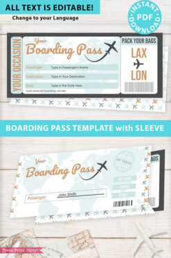 Boarding Pass Template pdf w. Holder Editable Text Printable, Vacation Surprise Trip Gift Voucher Flight Airline Ticket, Green, INSTANT DOWNLOAD