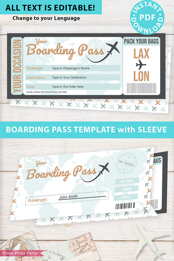 Boarding Pass Template pdf w. Holder Editable Text Printable, Vacation Surprise Trip Gift Voucher Flight Airline Ticket, Green, INSTANT DOWNLOAD