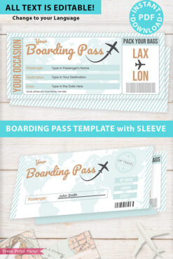 Boarding Pass Template pdf w. Holder Editable Text Printable, Vacation Surprise Trip Gift Voucher Flight Airline Ticket, green, INSTANT DOWNLOAD