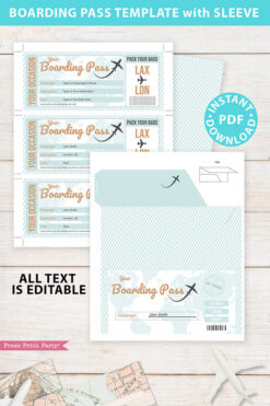 Boarding Pass Template pdf w. Holder Editable Text Printable, Vacation Surprise Trip Gift Voucher Flight Airline Ticket, green, INSTANT DOWNLOAD