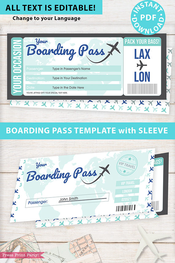 Boarding Pass Template pdf w. Holder Editable Text Printable, Vacation Surprise Trip, Gift Voucher Flight Airline Ticket, Teal, INSTANT DOWNLOAD