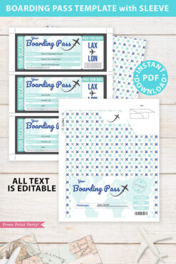 Boarding Pass Template pdf w. Holder Editable Text Printable, Vacation Surprise Trip, Gift Voucher Flight Airline Ticket, Teal, INSTANT DOWNLOAD