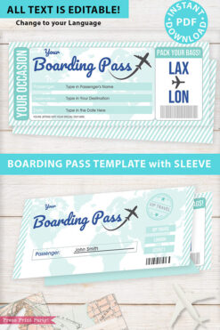 Boarding Pass Template pdf w. Holder Editable Text Printable, Vacation Surprise Trip, Gift Voucher Flight Airline Ticket, Teal, INSTANT DOWNLOAD