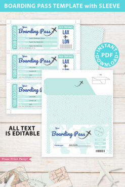 Boarding Pass Template pdf w. Holder Editable Text Printable, Vacation Surprise Trip, Gift Voucher Flight Airline Ticket, Teal, INSTANT DOWNLOAD